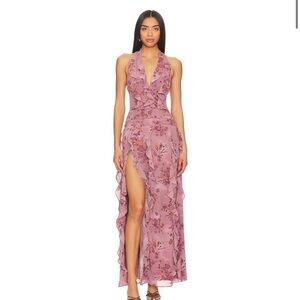 NBD Mauve Floral Backless Ruffled Halter Gown